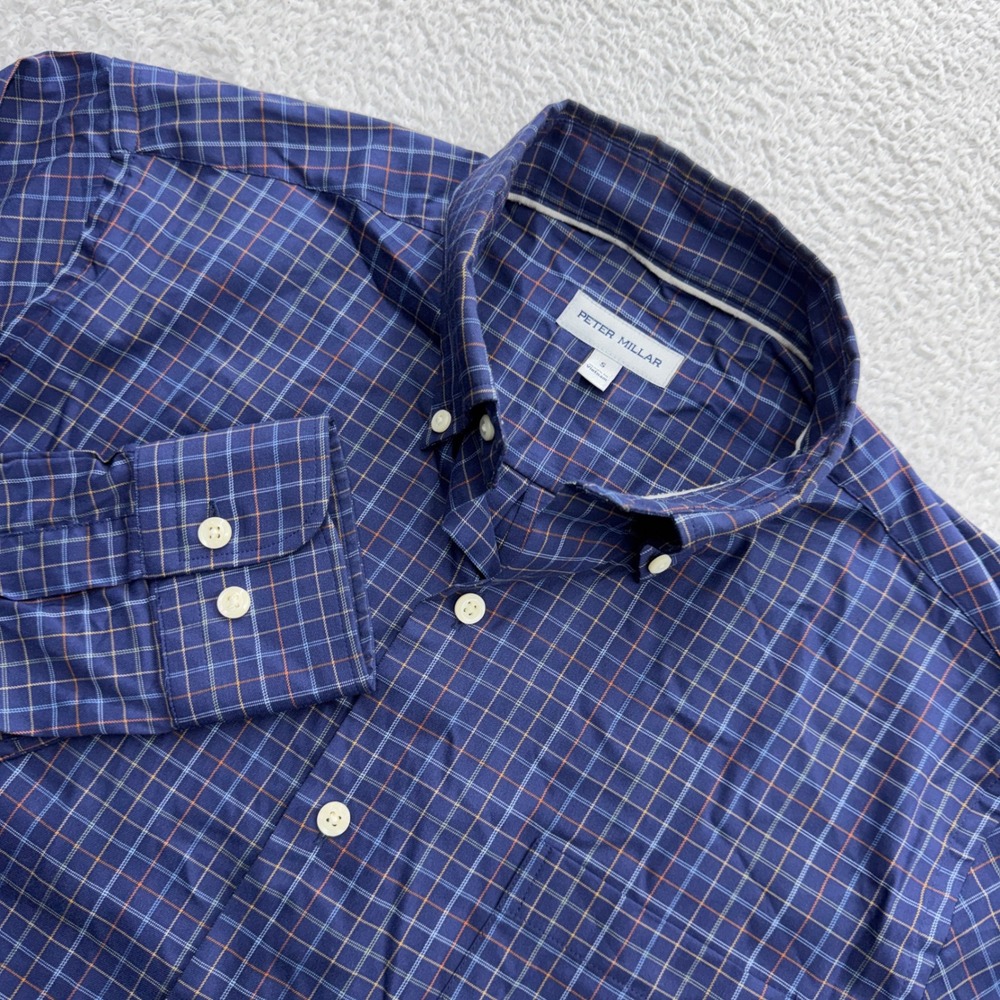 Peter Millar Mens Navy Blue‎ Check Stretch Button Down Shirt Size S Performance